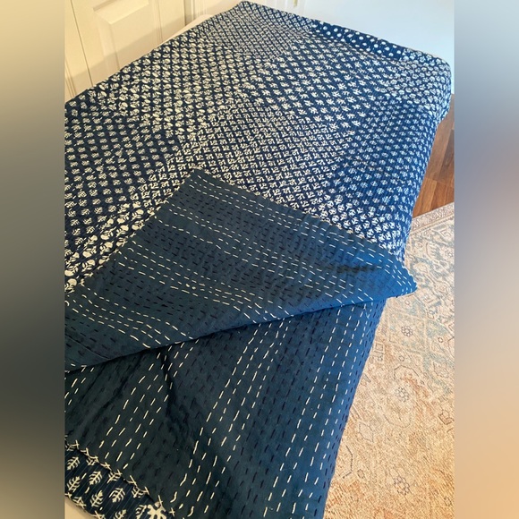 Handmade Twin Size Indigo Blue and White Kantha Quilt, Unused Like New - Picture 1 of 9